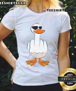 Funny middle finger duck graphic on a ladies tee, featuring the phrase 'I Don't Give A Duck' for a humorous touch.