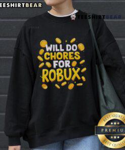Funny noob and professional gamer in a vibrant sweatshirt, trading chores for Robux gold coins in a playful scene.