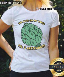 Funny She Okie On My Dokie Til I Artichokie Ladies Tee featuring a playful design in vibrant colors.