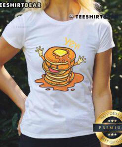 Funny stack of pancakes in pajamas, cute kawaii design on ladies tee, perfect for pancake lovers and cozy mornings.