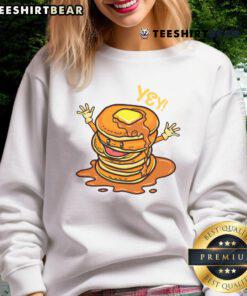 Adorable cute kawaii pancakes stacked high, paired with cozy pajamas, showcasing a funny pancake-themed sweatshirt.