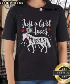 Funny sweet horse riding tee for ladies, featuring 'Just a Girl Who Loves Horses' design in vibrant colors.