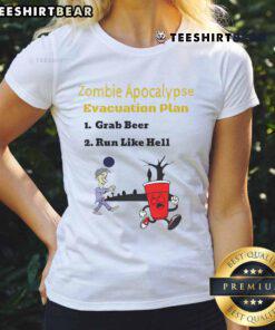 Funny zombie evacuation beer plan graphic on a Day of the Dead ladies tee shirt, perfect for Halloween celebrations.