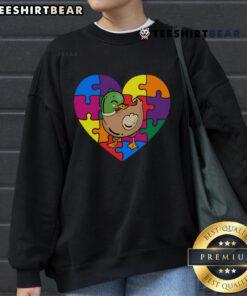 Good Autism Awareness Duck Heart Valentine's Day Puzzle Piece Sweatshirt design featuring a cute duck and colorful puzzle pieces.