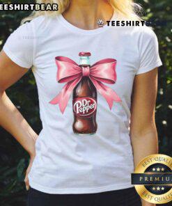 Good Dr Pepper Pink Bow Coquette Ladies Tee featuring a stylish pink design perfect for casual outings or fan events.