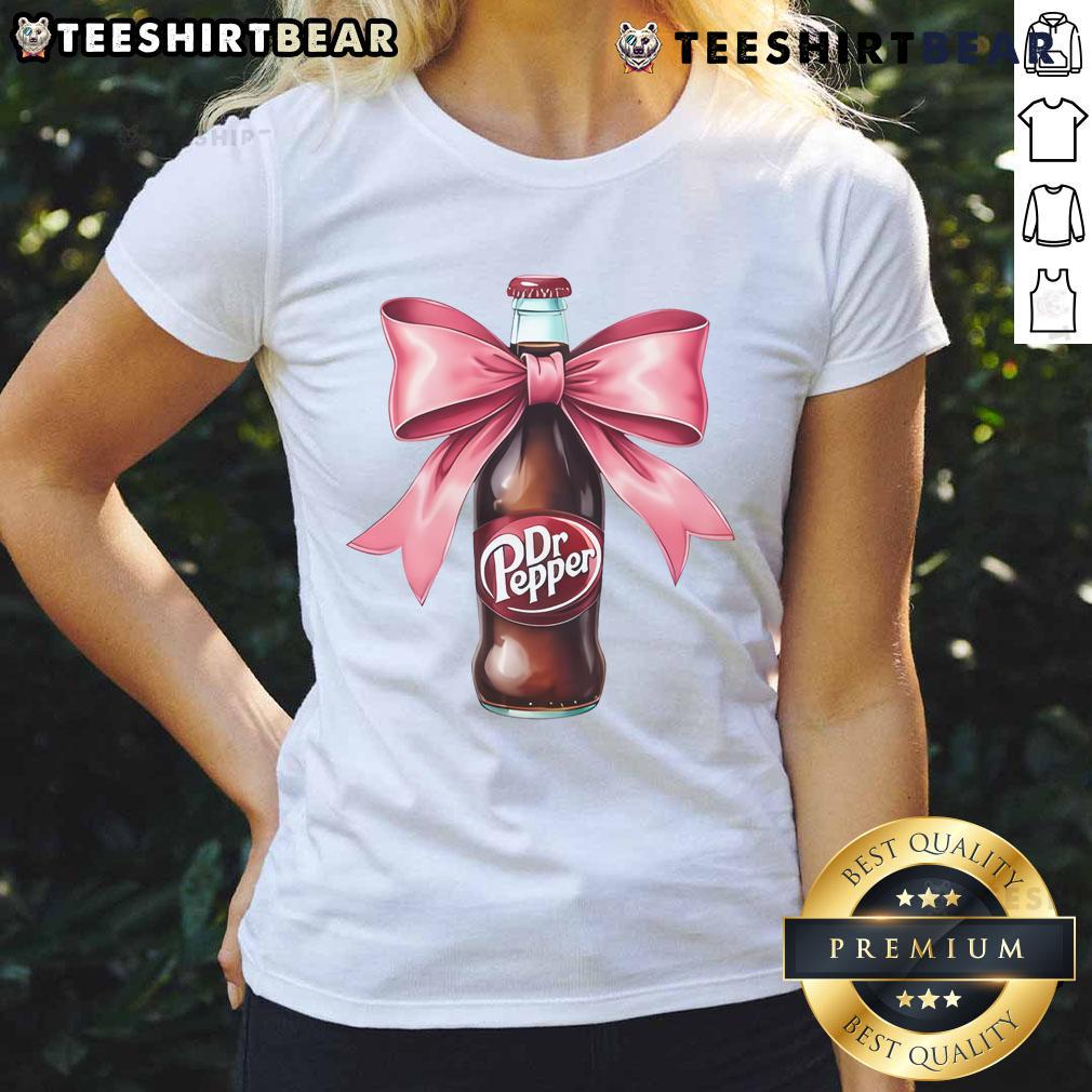 Good Dr Pepper Pink Bow Coquette Ladies Tee featuring a stylish pink design perfect for casual outings or fan events.
