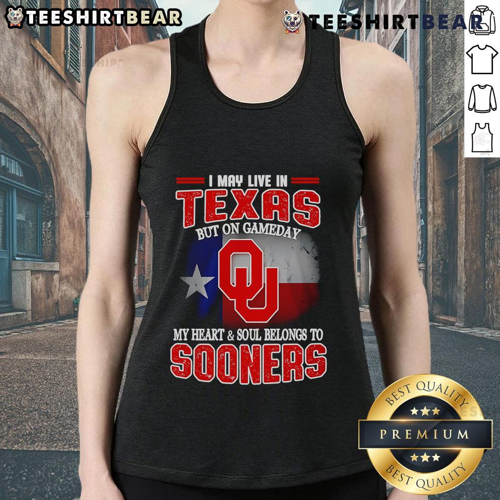 Texas tank top featuring 'On Gameday My Heart Belongs to Oklahoma Sooners' design, perfect for college football fans.
