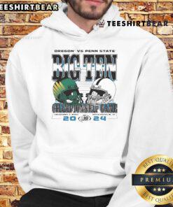 Alt Text: Oregon Ducks and Penn State Nittany Lions helmets featured on a hoodie for the 2024 Big Ten Football Championship.