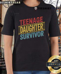 Good teenage daughter wearing a retro ladies tee for Father's Day, featuring a dad joke design, celebrating father-daughter bonds.