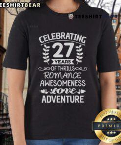 Happy couple celebrating 27 years of love in stylish anniversary ladies tee, showcasing joy and togetherness.