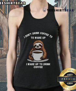 Happy sloth in a tank top joyfully sipping coffee, showcasing a fun and relaxed vibe perfect for coffee lovers.