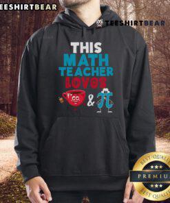Happy math teacher in a cozy hoodie celebrating Pi Day with coffee, showcasing love for math and Pi.