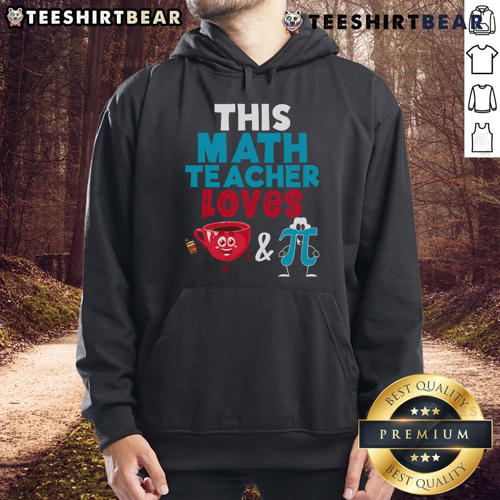 Happy math teacher in a cozy hoodie celebrating Pi Day with coffee, showcasing love for math and Pi.