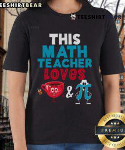 Happy math teacher enjoying coffee, celebrating Pi Day in a stylish math lover ladies tee with Pi symbol.
