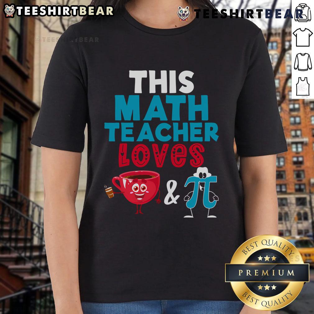 Happy math teacher enjoying coffee, celebrating Pi Day in a stylish math lover ladies tee with Pi symbol.