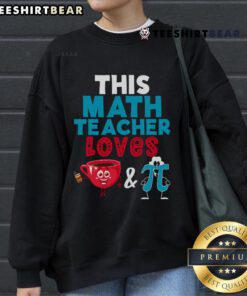 Happy math teacher in a cozy sweatshirt celebrating Pi Day with coffee, showcasing love for math and pi in vibrant colors.