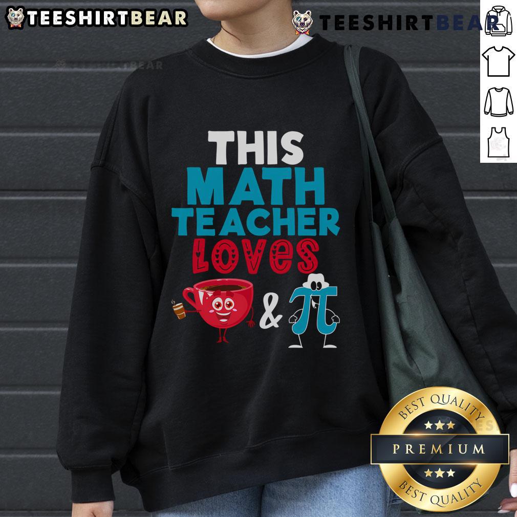 Happy math teacher in a cozy sweatshirt celebrating Pi Day with coffee, showcasing love for math and pi in vibrant colors.