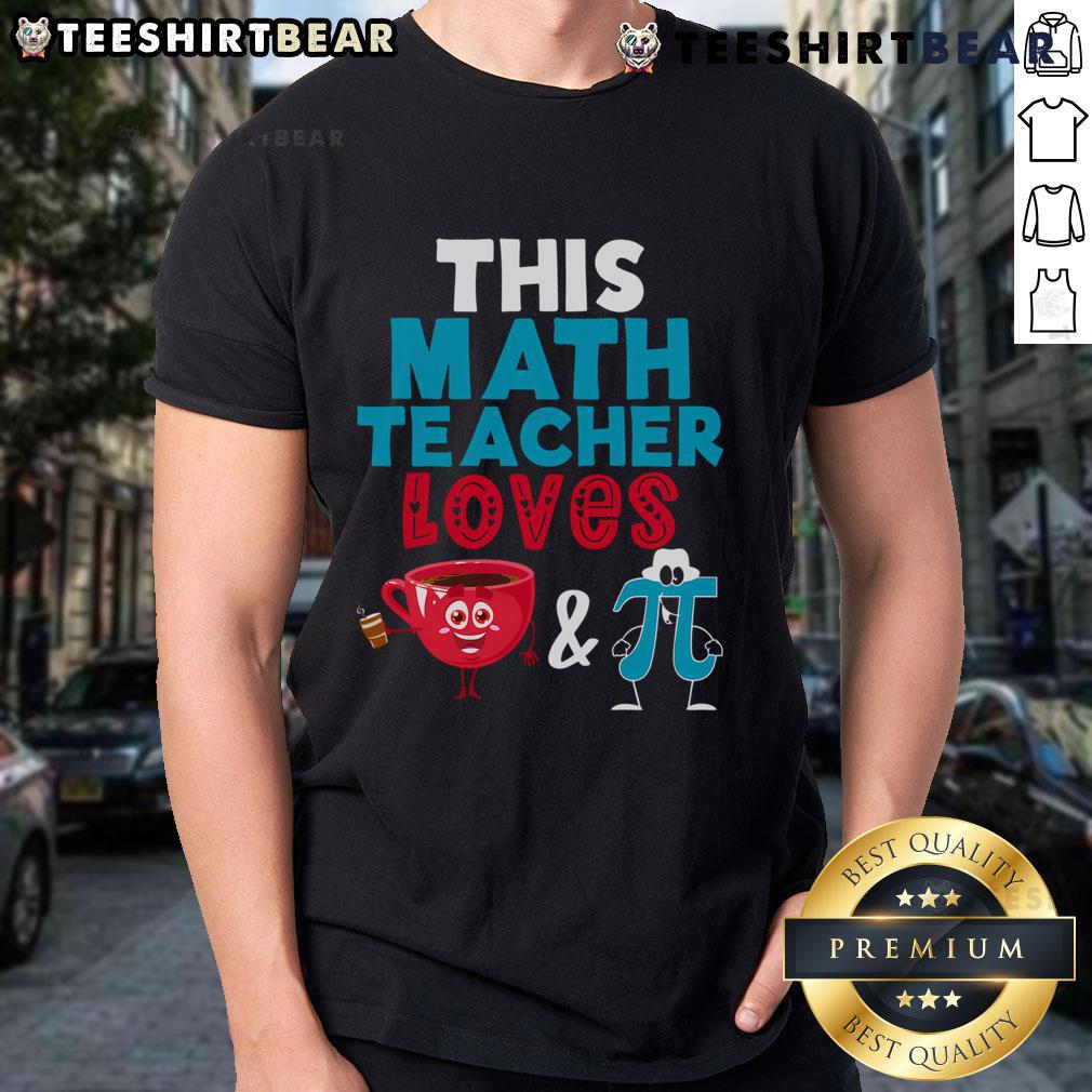Alt Text: Happy math teacher in a Pi Day t-shirt, enjoying coffee, celebrating math love with a cheerful smile.