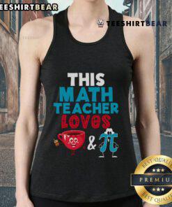 Happy math teacher wearing a Pi Day tank top, enjoying coffee, celebrating math love with a cheerful smile.