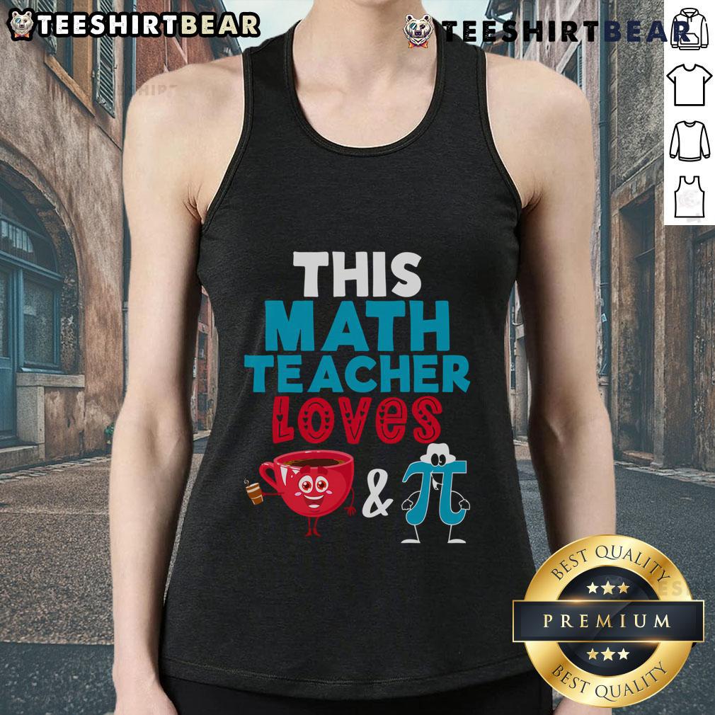 Happy math teacher wearing a Pi Day tank top, enjoying coffee, celebrating math love with a cheerful smile.