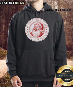 Happy Santa badge on a Merry Christmas hoodie, perfect festive apparel for holiday celebrations and winter festivities.