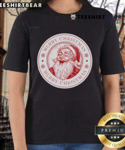 Happy Santa Badge on a Merry Christmas Ladies Tee, perfect for holiday celebrations and festive gatherings.