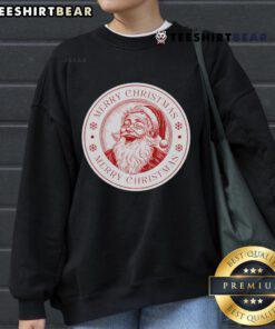 Happy Santa badge design on a Merry Christmas sweatshirt, perfect for festive holiday celebrations and cozy winter wear.