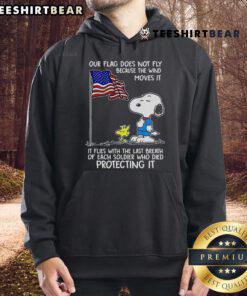 Happy Snoopy and Woodstock in 'Our Flag Does Not Fly Because the Wind' hoodie, showcasing playful cartoon characters.