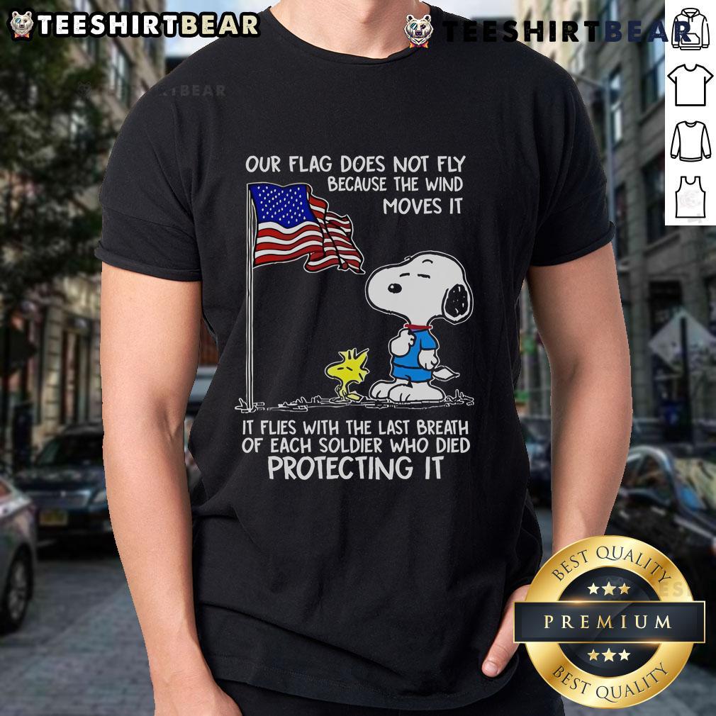 Happy Snoopy and Woodstock on Our Flag Does Not Fly Because The Wind T-Shirt, featuring vibrant colors and playful design.