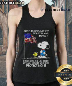 Happy Snoopy and Woodstock on a tank top with 'Our Flag Does Not Fly Because The Wind' design, perfect for casual wear.