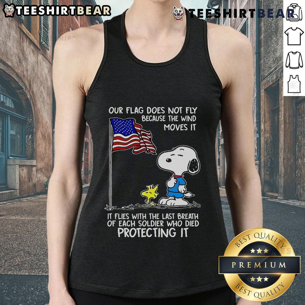 Happy Snoopy and Woodstock on a tank top with 'Our Flag Does Not Fly Because The Wind' design, perfect for casual wear.