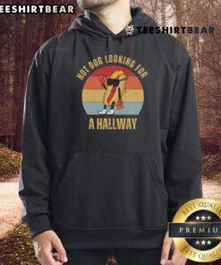 Hot dog wearing a retro sunset hoodie, searching a hallway for stylish apparel. Fun and quirky fashion statement.