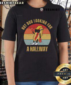 Retro sunset ladies tee featuring a hot dog design, perfect for casual apparel lovers.