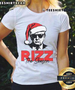 Funny Trump 2024 Christmas tee for ladies featuring Santa Rizzler design and humorous Hot Rizz theme.