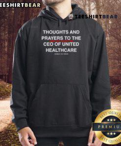 Hot Thoughts and Prayers hoodie featuring a graphic about the CEO of United Healthcare, blending humor and satire.