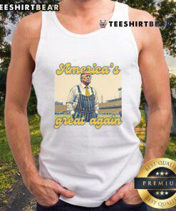 Alt Text: Vintage football tank top featuring Hot Trump America's Great Again slogan in bold, patriotic colors.