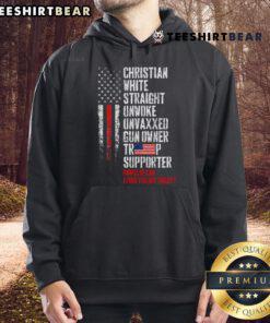 Hot Trump supporter wearing a Christian, white, straight, unwoke, unvaxxed hoodie at a rally.