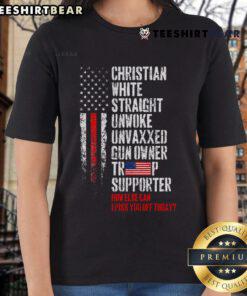 Hot Trump supporter wearing a Christian white straight unwoke unvaxxed ladies tee, showcasing bold political style.