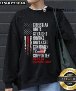 Hot Trump supporter in a Christian white straight unwoke unvaxxed sweatshirt, showcasing bold political style.