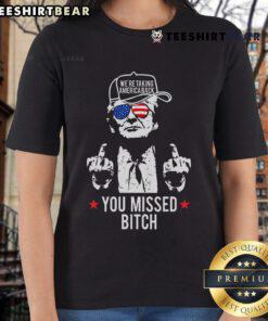 Hot Trump Taking America Back Ladies Tee featuring bold graphics and vibrant colors for patriotic fans.