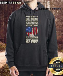 Hot US veteran wife proudly wearing a 'Proud US Veteran Wife' hoodie, showcasing support and love for her veteran spouse.