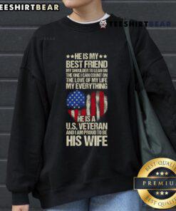 Hot US veteran wife proudly wearing a 'Proud US Veteran Wife' sweatshirt, showcasing her support and love.
