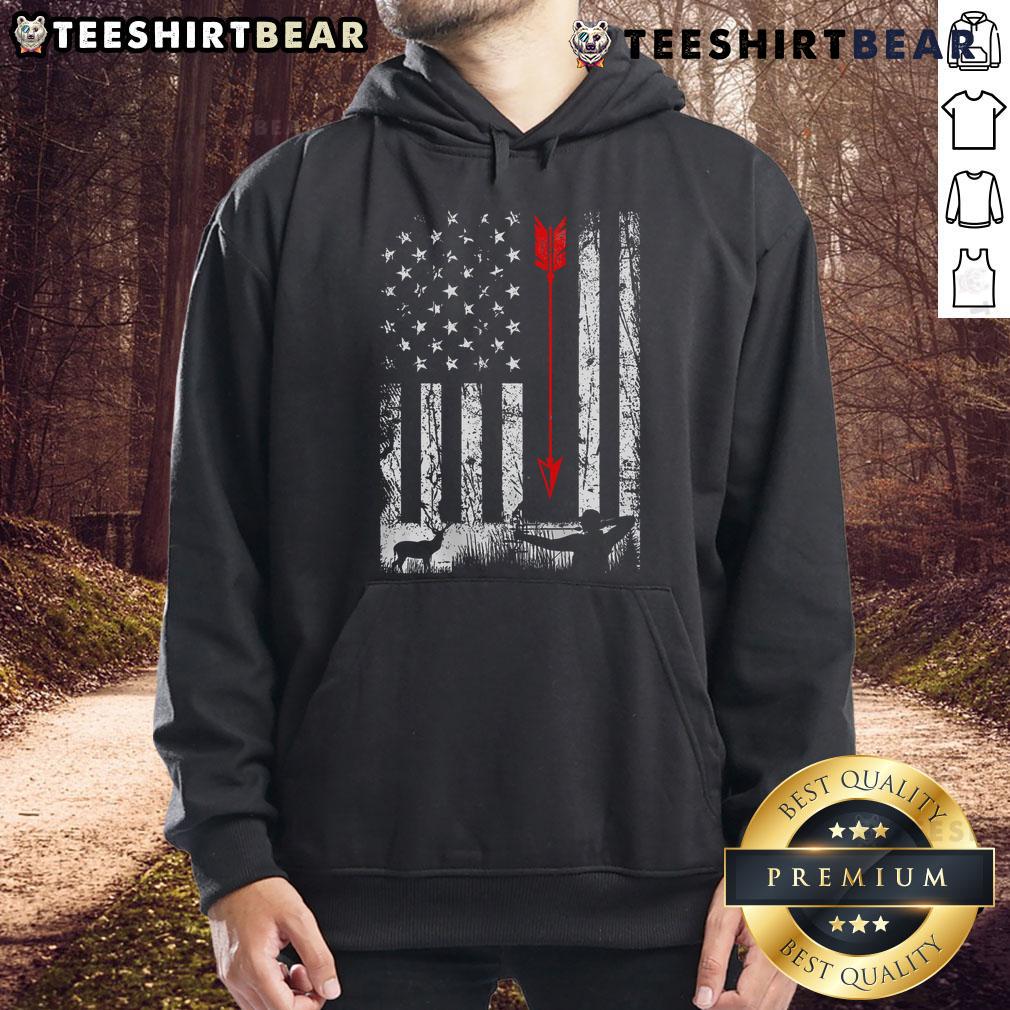 Patriotic hoodie featuring a stylish American flag bow design, perfect for bow hunting enthusiasts and proud Americans.
