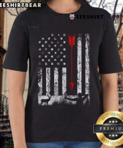 Patriotic ladies tee featuring a nice American flag bow design, perfect for bow hunting enthusiasts and proud Americans.