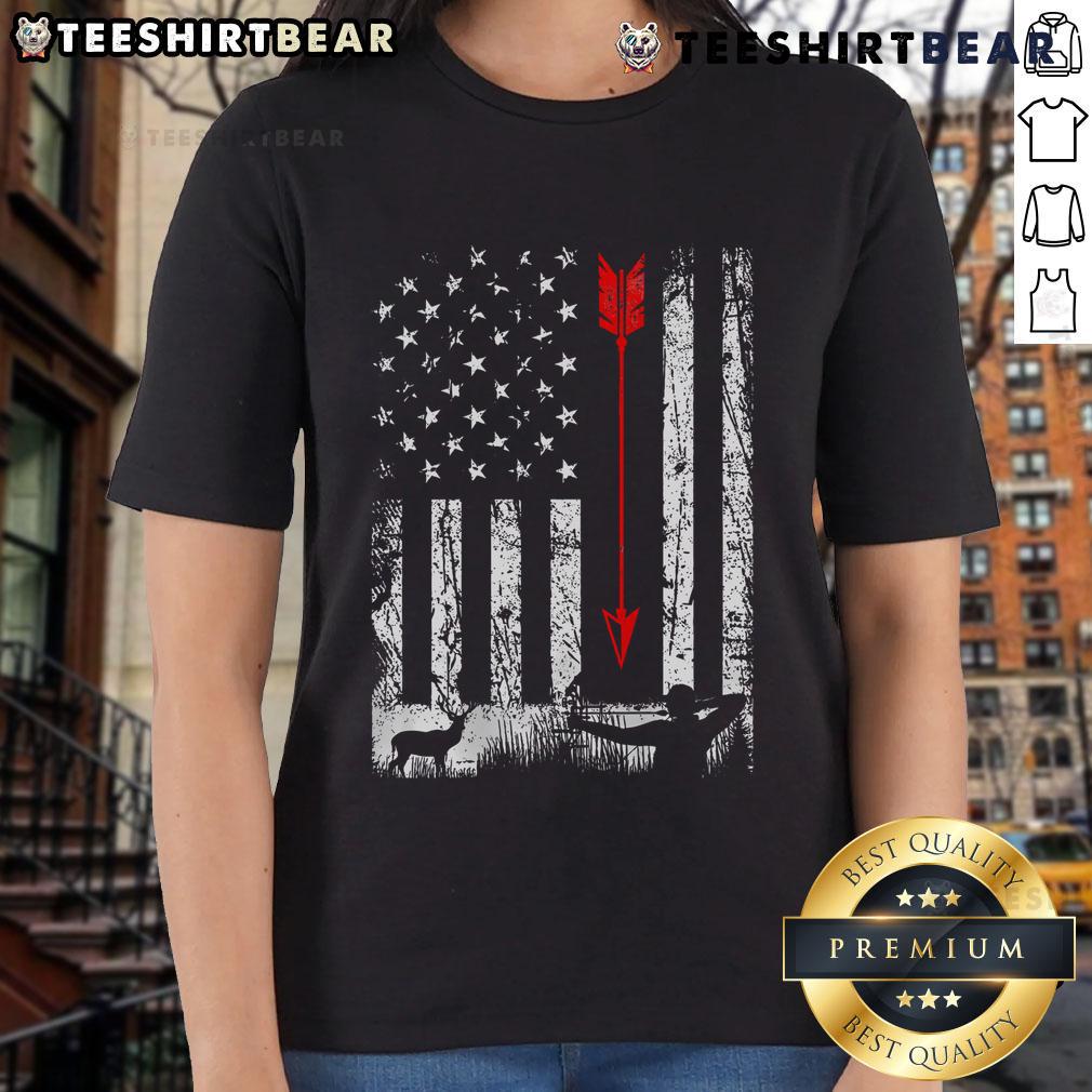 Patriotic ladies tee featuring a nice American flag bow design, perfect for bow hunting enthusiasts and proud Americans.