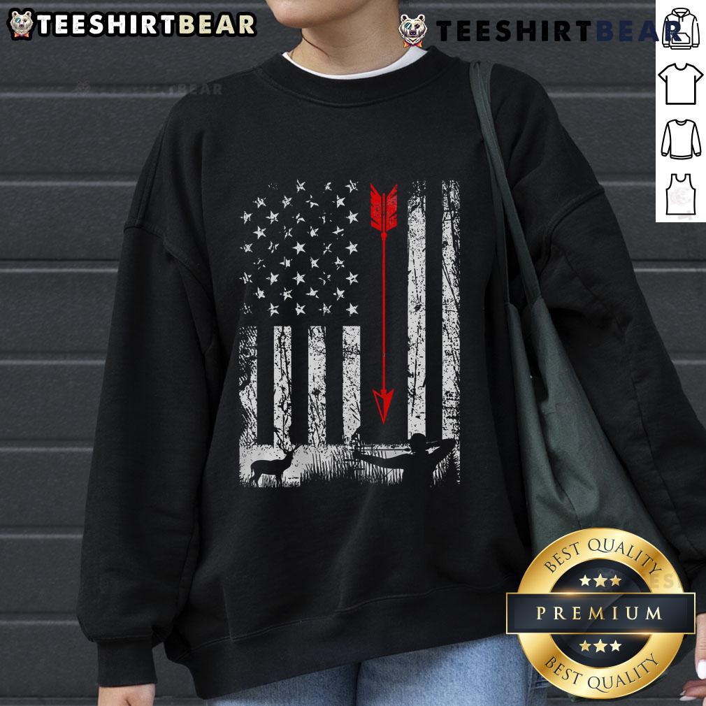 Patriotic sweatshirt featuring a nice American flag design, perfect for bow hunting enthusiasts and outdoor lovers.