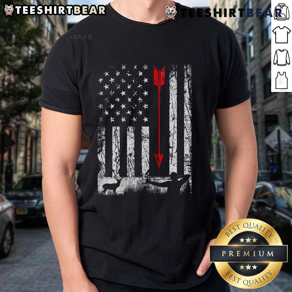 Patriotic T-shirt featuring a stylish American flag design for bow hunting enthusiasts, perfect for outdoor adventures.