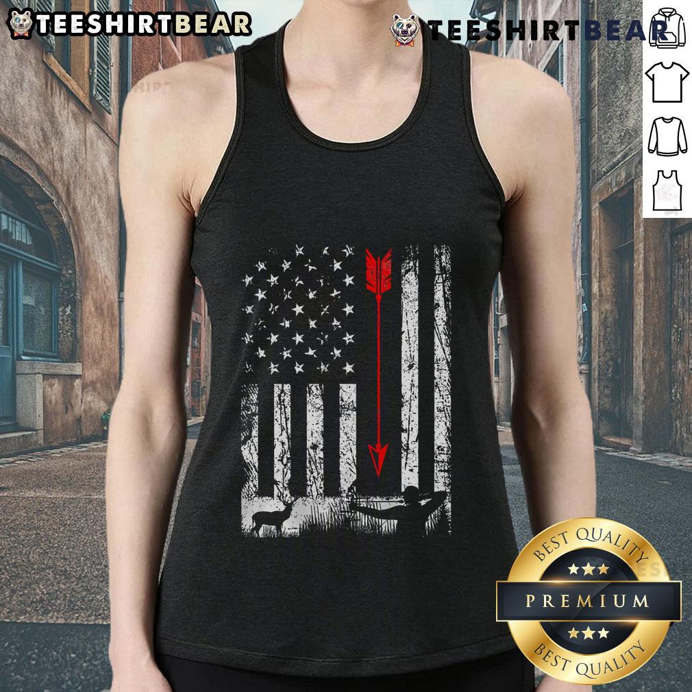 Patriotic tank top featuring a nice American flag design ideal for bow hunting enthusiasts.