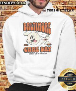 Cozy Nice Baltimore Game Day Catch Me If You Can Hoodie worn by fan at a lively football game, showcasing team spirit.