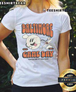 Womens Nice Baltimore Game Day Catch Me If You Can Tee featuring vibrant colors and sporty design, perfect for fans.